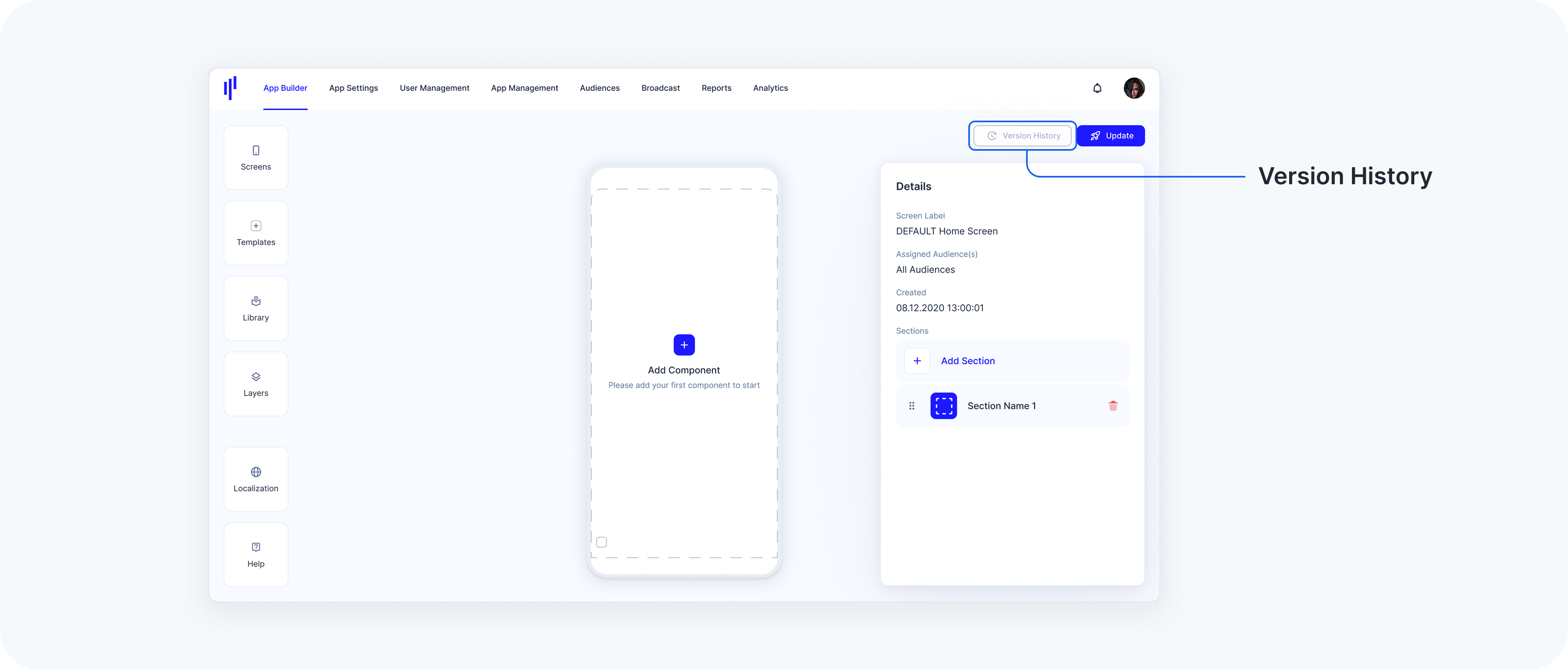 Where to find the Version History of the Homescreen